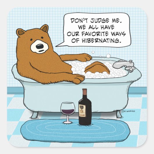 Sticker Carré Drôle Ours Boire du vin, Se détendre dans le bain (Devant)