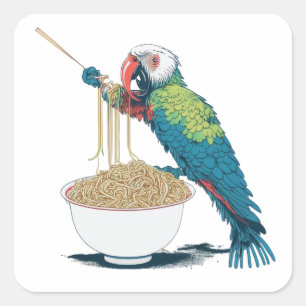 Sticker Carré Drôle Perroquet mangeant des nouilles de ramen