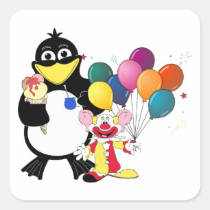 Sticker Carré Drôle pingouin et dessin animé clown