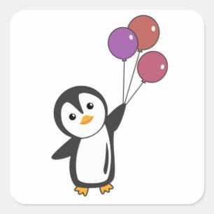 Sticker Carré Drôle Pingouin S'Envole Avec Des Ballons