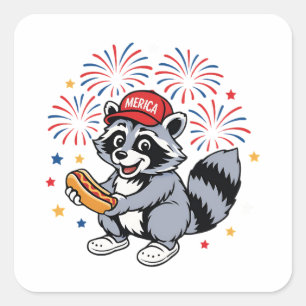 Sticker Carré Drôle Raccoon 4 juillet Patriotique Mignonne Rouge