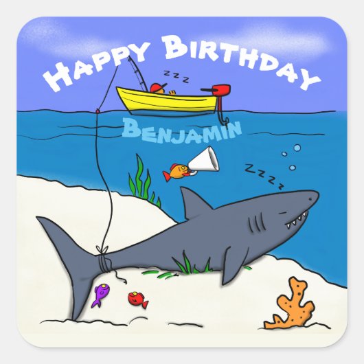 Sticker Carré Drôle requin couché et dessin animé de pêche (Devant)