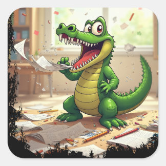 Sticker Carré Drôle Retourner à l'école Dinosaure manger les dev