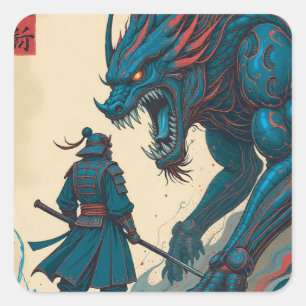 Sticker Carré "Duel cybernétique – Samouraï contre bête de glyph