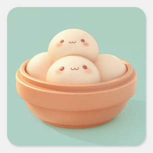 Sticker Carré Dumplings de Clay à la vapeur dans un bol heureux