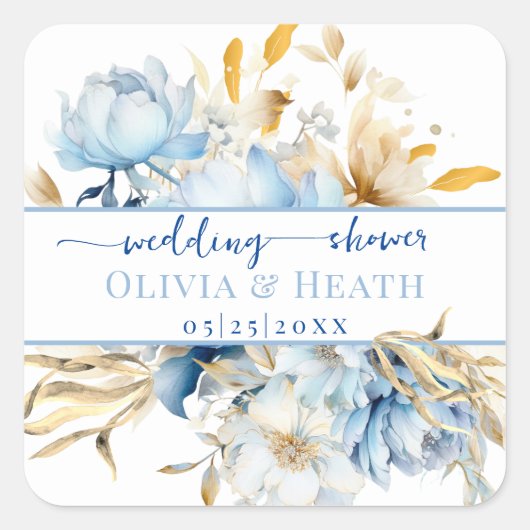 Sticker Carré Dusty Blue Floral Gold Couples Shower (Devant)
