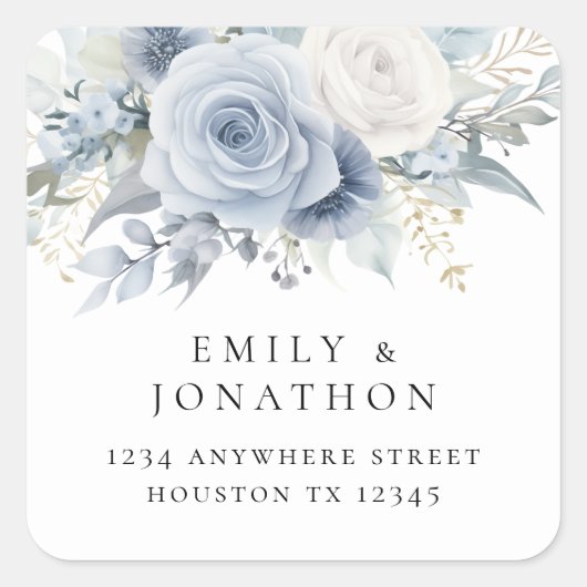 Sticker Carré Dusty Blue Florals Nom de retour Adresse Classi (Devant)