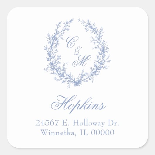 Sticker Carré Dusty Blue Monogram Botanica Wreath Return Adresse (Devant)