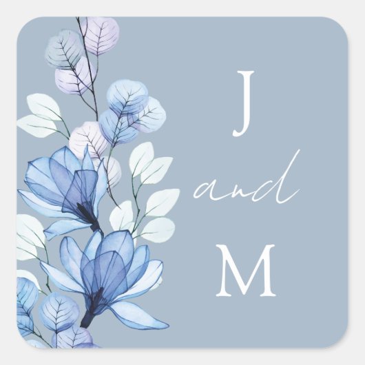 Sticker Carré Dusty Blue Monogram Floral Wedding Favoriser (Devant)
