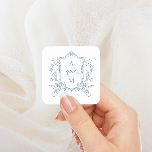 Sticker Carré Dusty Blue Vintage Crest Mariage