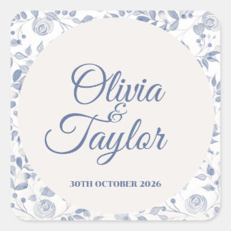 Sticker Carré Dusty Blue Watercolor Floral Wedding