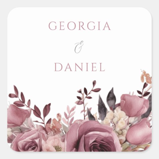 Sticker Carré Dusty Rose & Burgundy Boho Floral Mariage (Devant)