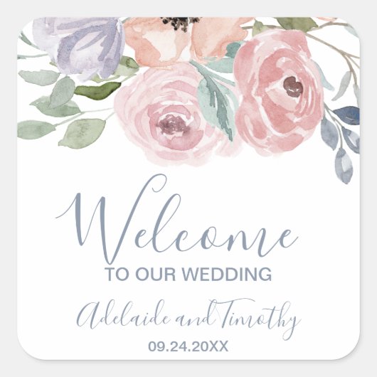 Sticker Carré Dusty Rose Florals Mariage Bienvenue (Devant)