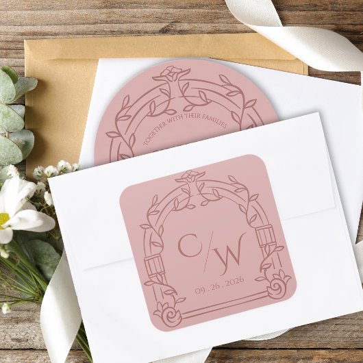 Sticker Carré Dusty Rose Ornate Arch Botanical Wedding Envelope 