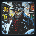 Sticker Carré Ebenezer Scrooge Victorian Christmas Winter Scène<br><div class="desc">Une scène artistique et illuminée de Londres victorienne en hiver avec le vieux Ebenezer Scrooge grincheux marchant à travers le village.</div>