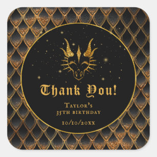 Sticker Carré Écaille de Dragon Noir Or Anniversaire Merci