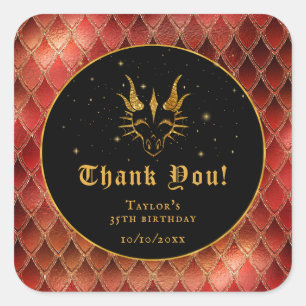 Sticker Carré Écaille de Dragon Rouge Or Anniversaire Merci