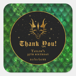 Sticker Carré Écaille de Dragon Vert Or Anniversaire Merci