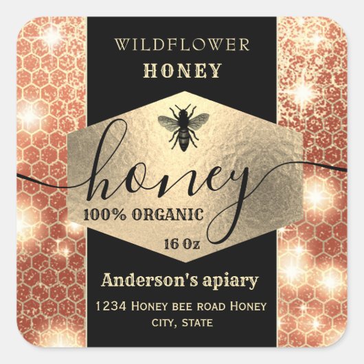 Sticker Carré Eclat de miel d'abeille dorée moderne élégant (Devant)