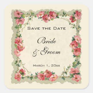 Sticker Carré Économisez la date vintage, fleurs roses florales 