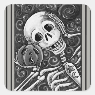 STICKER CARRÉ ÉCOUTEZ VOTRE CITROUILLE, HALLOWEEN SKELETON STICK