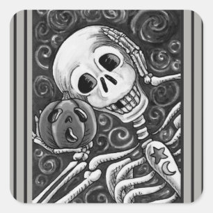 STICKER CARRÉ ÉCOUTEZ VOTRE CITROUILLE, HALLOWEEN SKELETON STICK