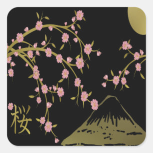 Sticker Carré Écran Japonais Rose Sakura Or Noir