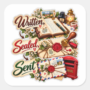 Sticker Carré Écrit Scellé Envoyé – Écriture de Lettres Vintage