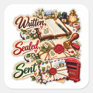 Sticker Carré Écrit Scellé Envoyé – Écriture de Lettres Vintage