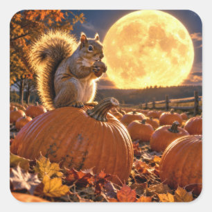 Sticker Carré Écureuil d'automne avec gland et lune de récolte
