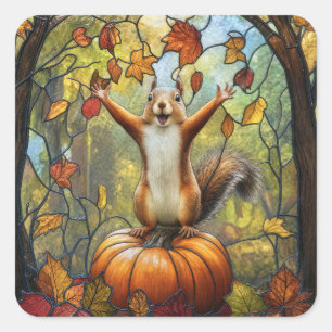 Sticker Carré Écureuil d'automne sur de l'art en verre teinté de