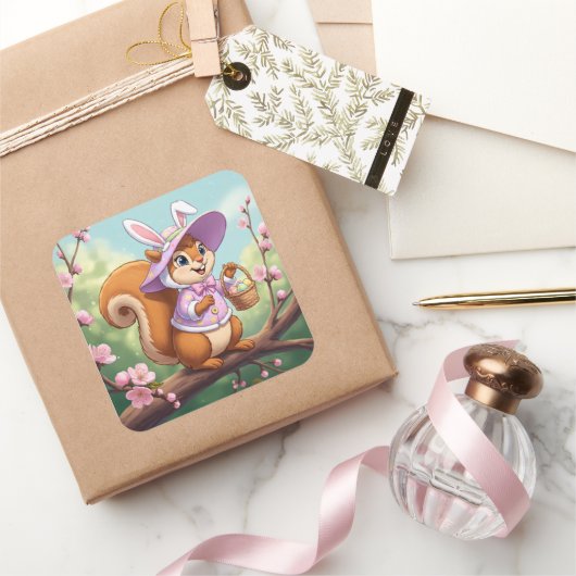 Sticker Carré Écureuil de Pâques (Cadeaux)