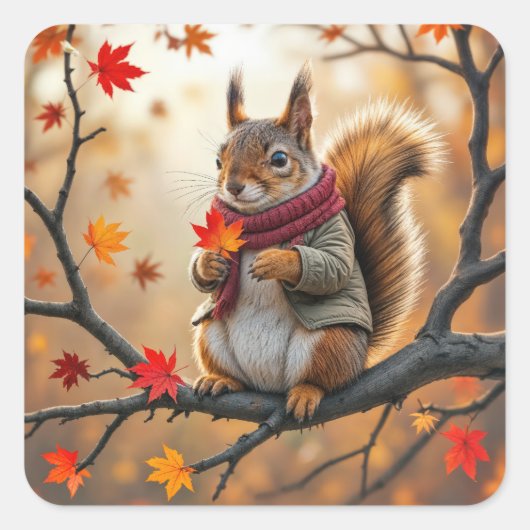 Sticker Carré Écureuil tenant une feuille d'érable d'automne (Devant)