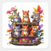 Sticker Carré Écureuils Sur Une Librairie En Bois (Devant)