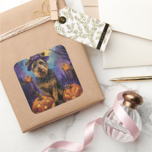 Sticker Carré Éffrayant Airedale Halloween sorcière et Citrouill