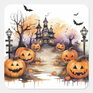 Sticker Carré Éffrayant Haunted House Citrouilles Halloween