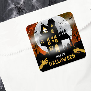 Sticker Carré Éffrayant Haunted House Halloween Parti