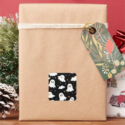 Sticker Carré Éffrayant mignon Halloween Ghost Nuageux Star Sky (vacances)