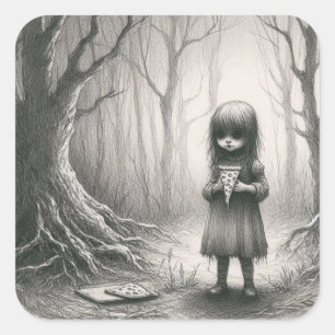 Sticker Carré Éffrayante fille avec Pizza Horreur Illustration D