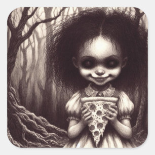 Sticker Carré Éffrayante fille avec Pizza Horreur Illustration D
