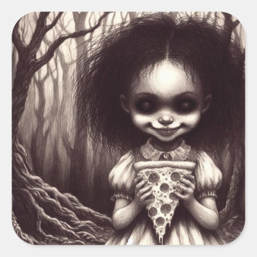 Sticker Carré Éffrayante fille avec Pizza Horreur Illustration D (Devant)