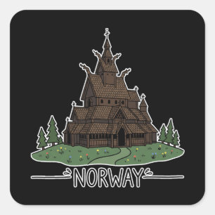 Sticker Carré Église à colombages en Norvège Doodle minimaliste