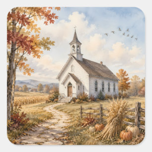 Sticker Carré Église de campagne automnale, paysage à l'aquarell