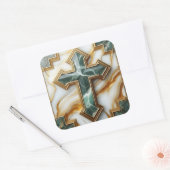 Sticker Carré Élégance en Pierre Croix de marbre dorée (Enveloppe)