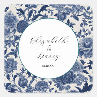 Sticker Carré Élégance en porcelaine : Mariage Floral Bleu