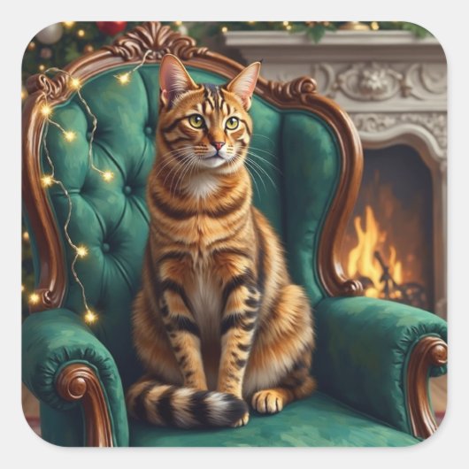 Sticker Carré Elegant Abyssinian Cat Regal Holiday Portrait Art (Devant)