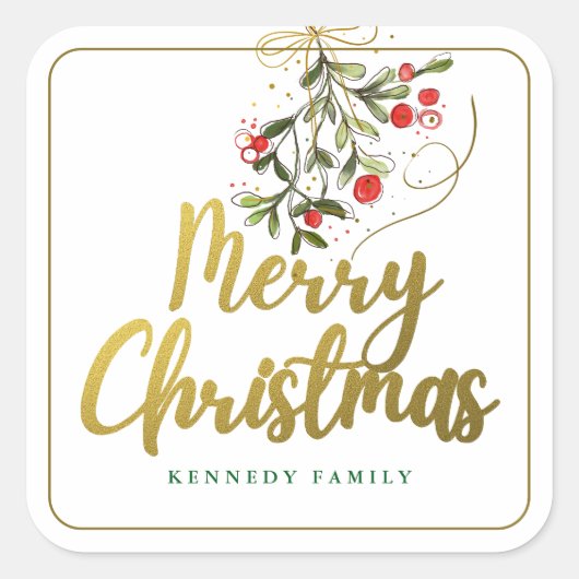 Sticker Carré Elégant Aquarelle Mistletoe Or Joyeux Noël (Devant)