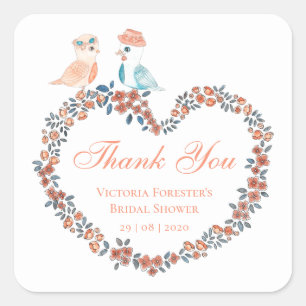 Sticker Carré Élégant Aquarelle Péché Love Oiseaux Bridal Shower