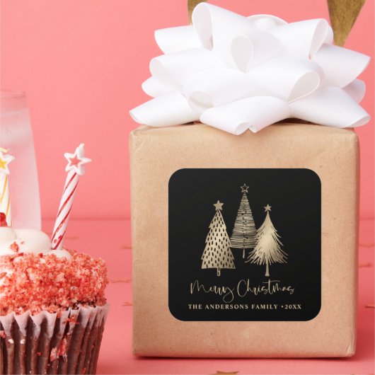 Sticker Carré Élégant Arbre de Noël Or Joyeux Noël (Fête)