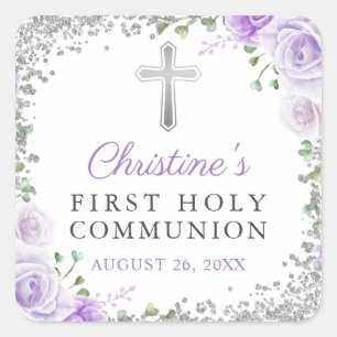 Sticker Carré Élégant Argent Purple Floral Première Sainte Commu